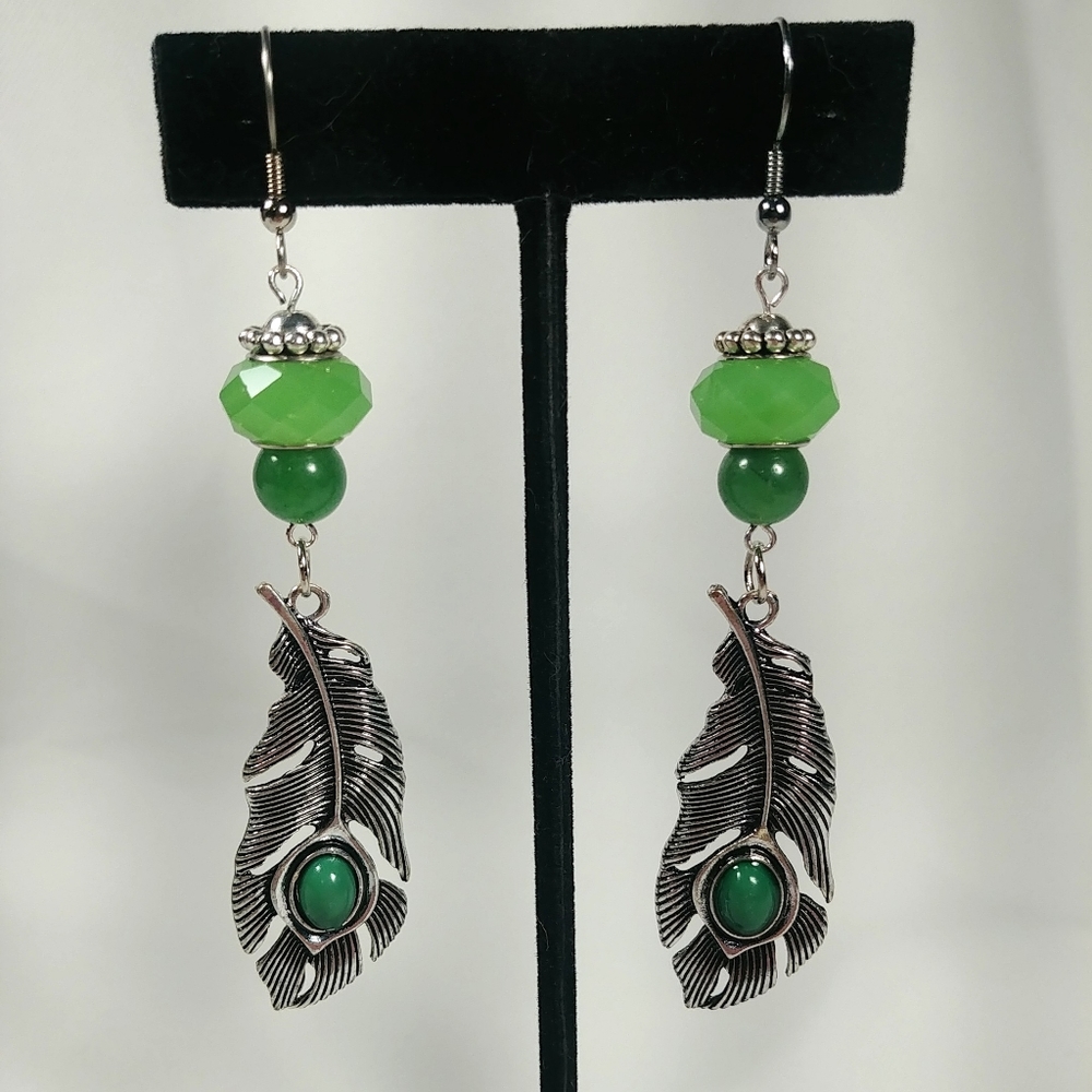 Feather Earrings Metal Charm & Green Bead